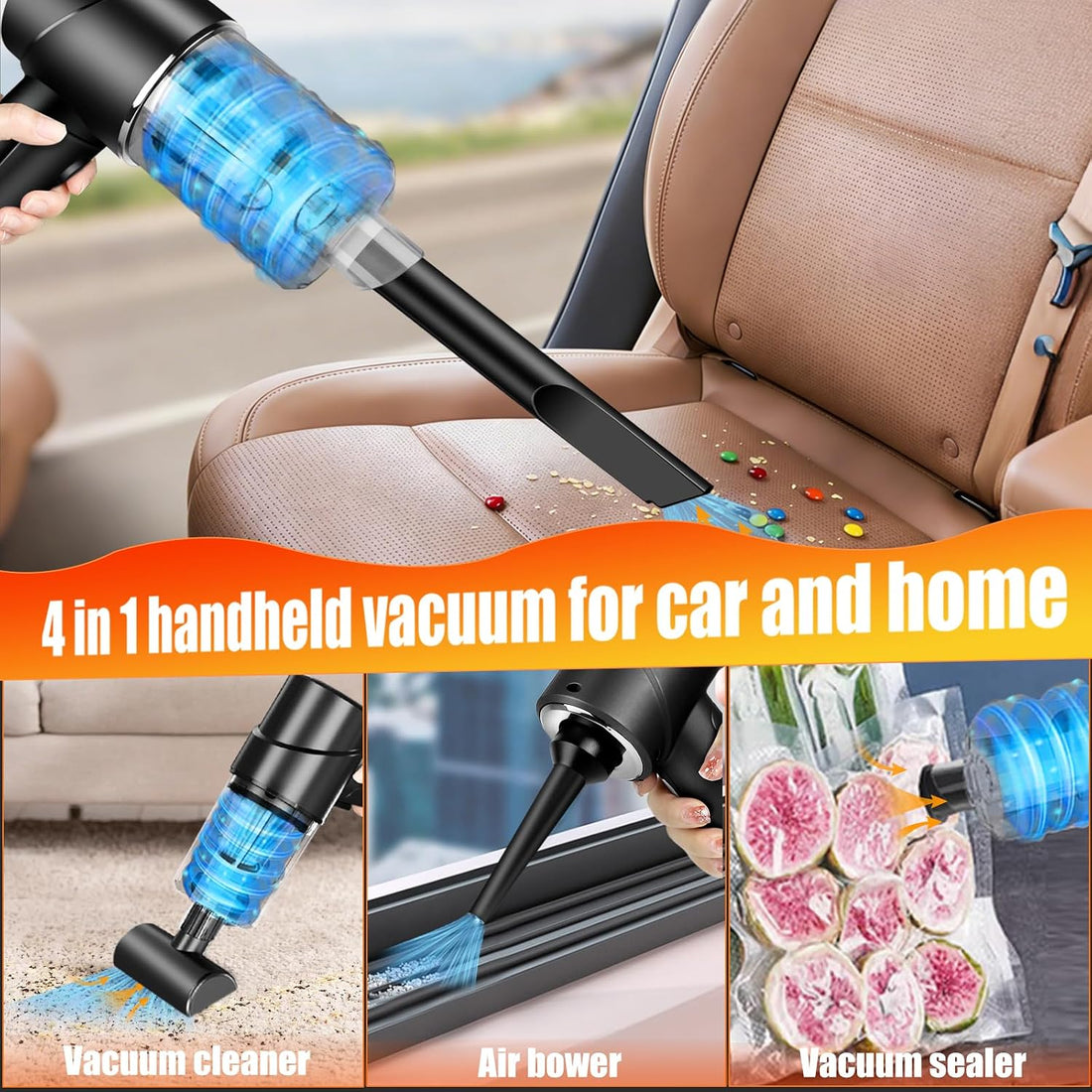Handheld Vacuum Cleaner Cordless,15000Pa Powerful Suction 4-In-1 Car Vacuum Cleaner Mini Vacuum Blower Small but Powerful Wireless Car Vacuum for Car, Home, Office, Kitchen Black