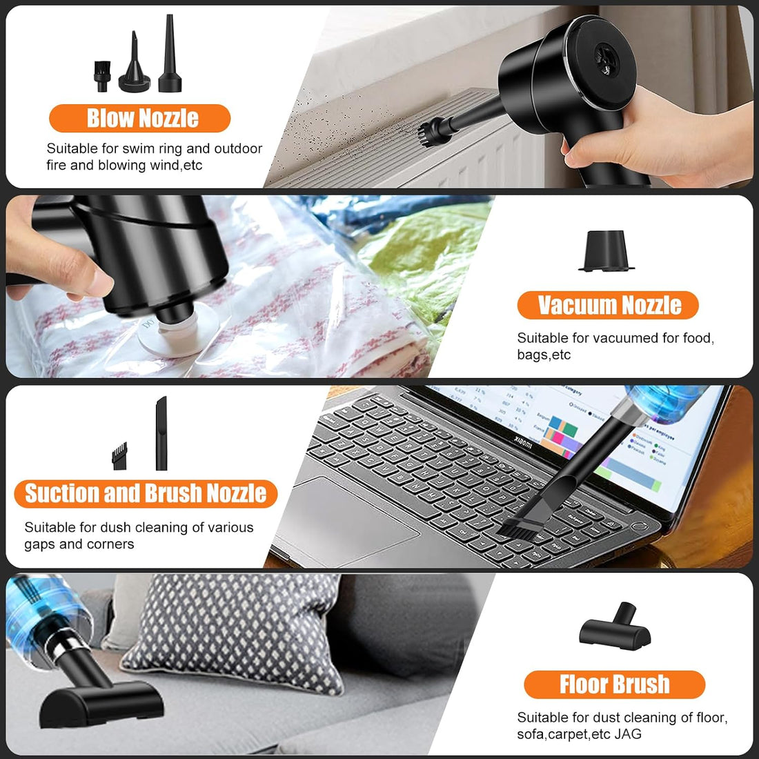 Handheld Vacuum Cleaner Cordless,15000Pa Powerful Suction 4-In-1 Car Vacuum Cleaner Mini Vacuum Blower Small but Powerful Wireless Car Vacuum for Car, Home, Office, Kitchen Black