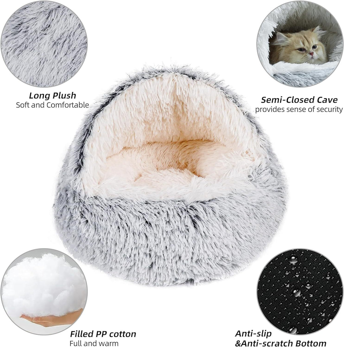 Dog Cat Bed Hooded Kitten Pet Cosy Cave Soft Calming Igloo Cozy Plush Faux Fur