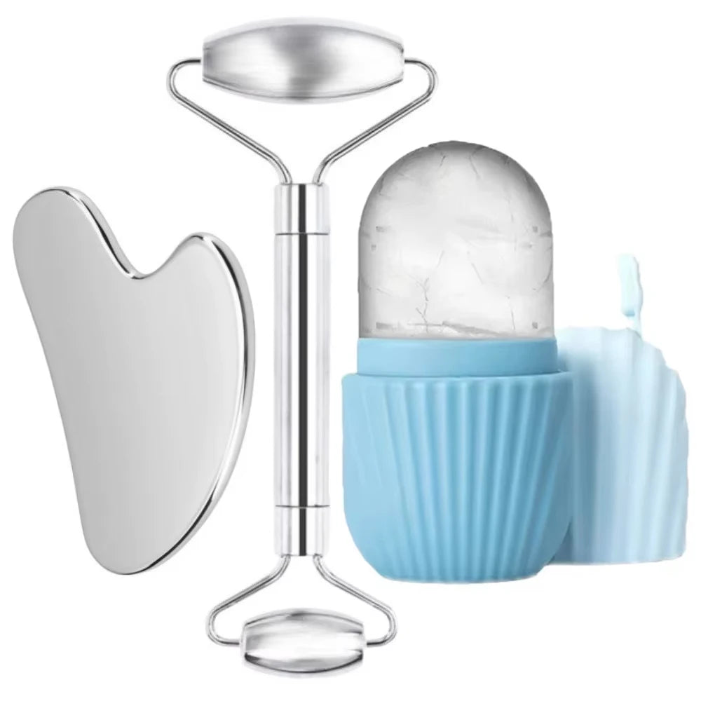 Luxury 3PC Stainless Steel Gua Sha & Ice Roller Face Care Set