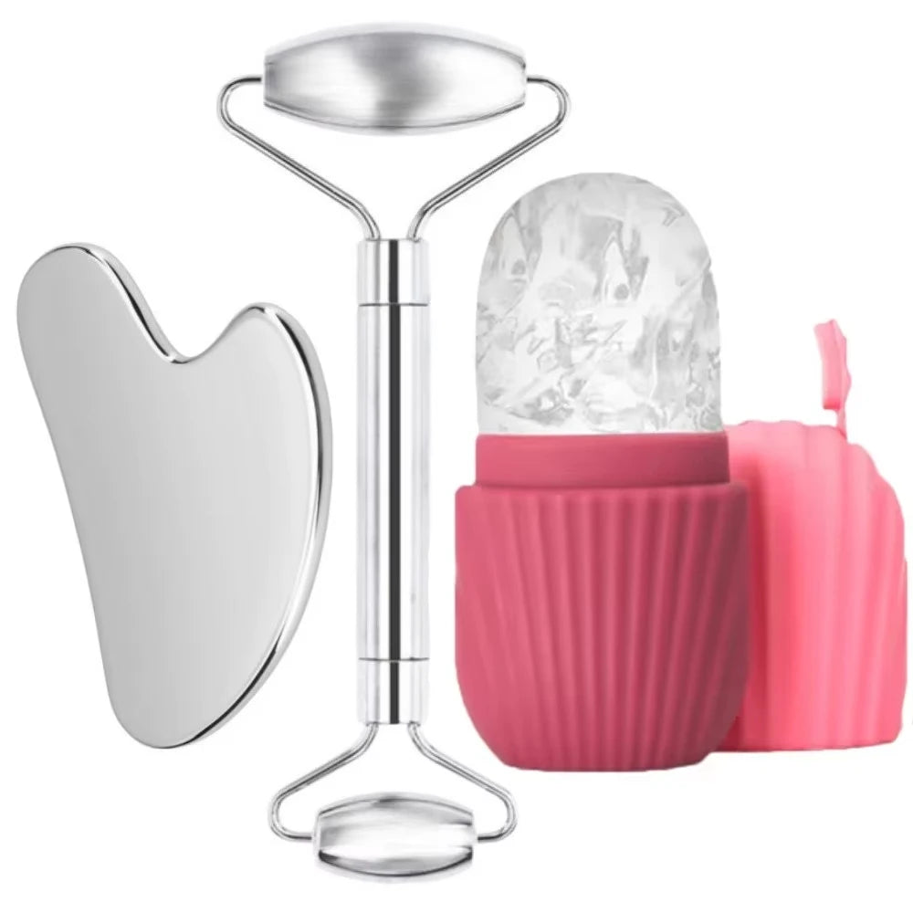 Luxury 3PC Stainless Steel Gua Sha & Ice Roller Face Care Set