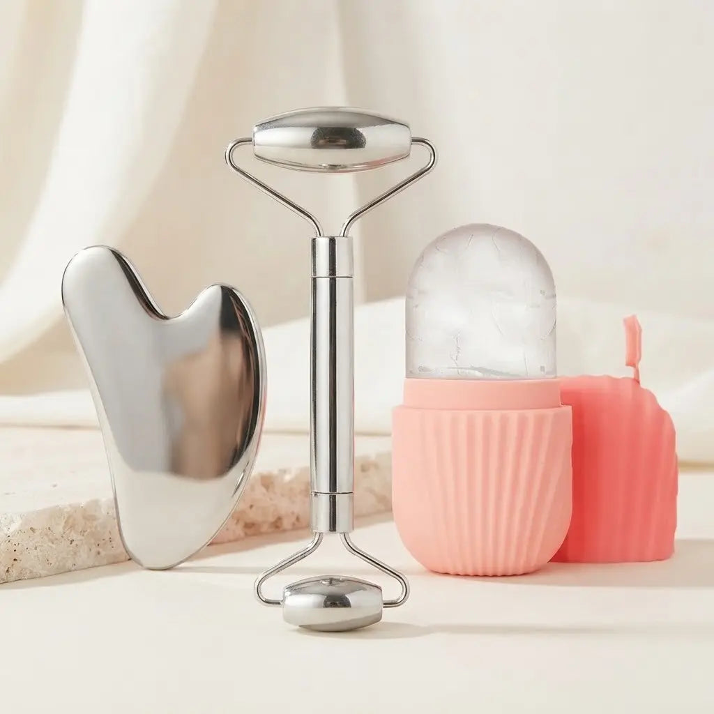 Luxury 3PC Stainless Steel Gua Sha & Ice Roller Face Care Set